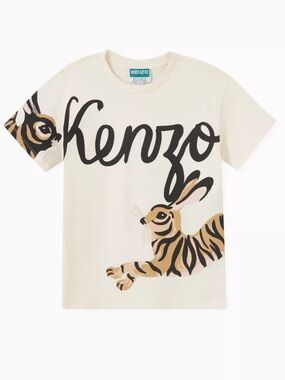 Kenzo Kids Cream Tee with Black Logo and Tan Bunny Motif